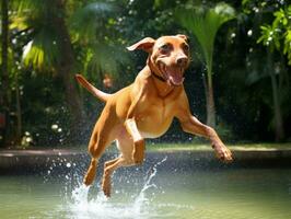 bagnato e gioioso cane saltare in un' piscina su un' caldo estate giorno ai generativo foto