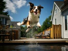 bagnato e gioioso cane saltare in un' piscina su un' caldo estate giorno ai generativo foto