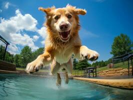 bagnato e gioioso cane saltare in un' piscina su un' caldo estate giorno ai generativo foto