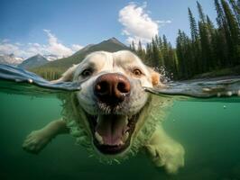 amichevole cane nel un' chiaro blu lago ai generativo foto