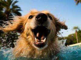 bagnato e gioioso cane saltare in un' piscina su un' caldo estate giorno ai generativo foto