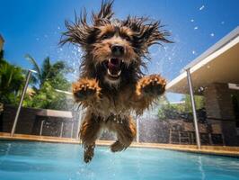 bagnato e gioioso cane saltare in un' piscina su un' caldo estate giorno ai generativo foto