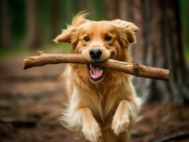 fidato cane con un' bastone nel suo bocca pronto per un' gioco di andare a prendere ai generativo foto