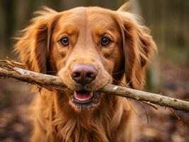 fidato cane con un' bastone nel suo bocca pronto per un' gioco di andare a prendere ai generativo foto