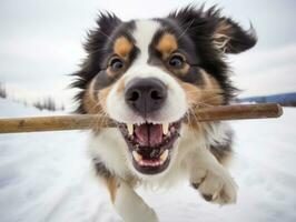 fidato cane con un' bastone nel suo bocca pronto per un' gioco di andare a prendere ai generativo foto