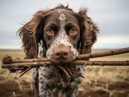 fidato cane con un' bastone nel suo bocca pronto per un' gioco di andare a prendere ai generativo foto