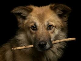 fidato cane con un' bastone nel suo bocca pronto per un' gioco di andare a prendere ai generativo foto