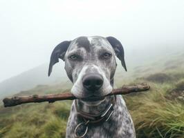 fidato cane con un' bastone nel suo bocca pronto per un' gioco di andare a prendere ai generativo foto