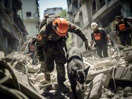 qualificato ricerca e salvare cane Lavorando diligentemente nel un' disastro la zona ai generativo foto