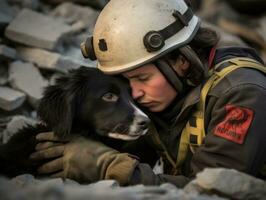 qualificato ricerca e salvare cane Lavorando diligentemente nel un' disastro la zona ai generativo foto