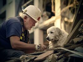 qualificato ricerca e salvare cane Lavorando diligentemente nel un' disastro la zona ai generativo foto