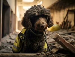 qualificato ricerca e salvare cane Lavorando diligentemente nel un' disastro la zona ai generativo foto