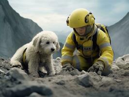 qualificato ricerca e salvare cane Lavorando diligentemente nel un' disastro la zona ai generativo foto