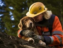 qualificato ricerca e salvare cane Lavorando diligentemente nel un' disastro la zona ai generativo foto