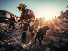 qualificato ricerca e salvare cane Lavorando diligentemente nel un' disastro la zona ai generativo foto