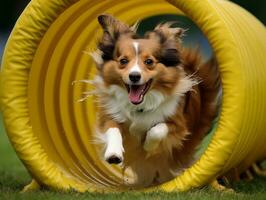 brioso cane da corsa attraverso un agilità corso ai generativo foto