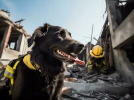 qualificato ricerca e salvare cane Lavorando diligentemente nel un' disastro la zona ai generativo foto