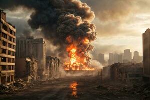 ardente edificio nel il città. il concetto di disastri e naturale disastri. ai generativo foto