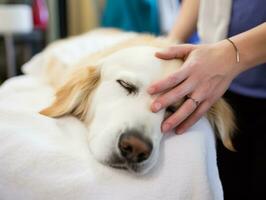 sereno cane godendo un' massaggio a un' animale domestico terme ai generativo foto