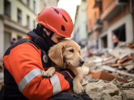 qualificato ricerca e salvare cane Lavorando diligentemente nel un' disastro la zona ai generativo foto