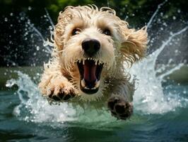 bagnato e gioioso cane saltare in un' piscina su un' caldo estate giorno ai generativo foto