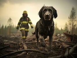 qualificato ricerca e salvare cane Lavorando diligentemente nel un' disastro la zona ai generativo foto