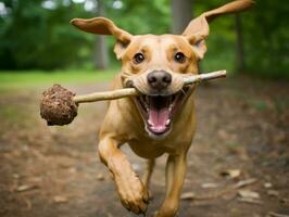 fidato cane con un' bastone nel suo bocca pronto per un' gioco di andare a prendere ai generativo foto