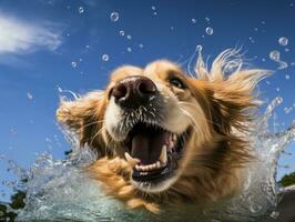bagnato e gioioso cane saltare in un' piscina su un' caldo estate giorno ai generativo foto