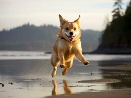 contento cane giocando su il spiaggia ai generativo foto