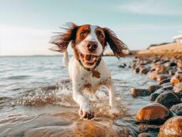 contento cane giocando su il spiaggia ai generativo foto