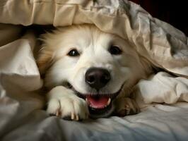 malizioso cane sbirciando su a partire dal un' accogliente coperta forte ai generativo foto