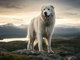 maestoso cane in piedi con orgoglio su un' montagna picco ai generativo foto