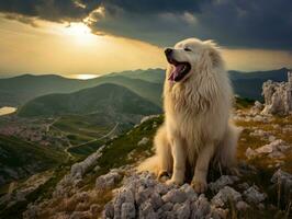 maestoso cane in piedi con orgoglio su un' montagna picco ai generativo foto