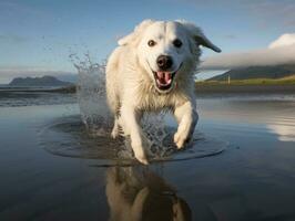 contento cane giocando su il spiaggia ai generativo foto