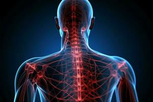 dettagliato X raggio viene visualizzato umano nervoso sistema anatomia a partire dal un' indietro Visualizza ai generato foto