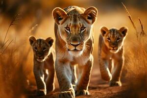 leonessa e Leone cuccioli viaggio attraverso il savana, selvaggio e gratuito ai generato foto