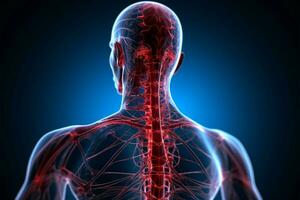 intricato umano nervoso sistema anatomia rivelato nel un' indietro Visualizza X raggio ai generato foto