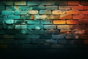grunge incontra moderno con un' strutturato mattone parete nel vivace colori ai generato foto