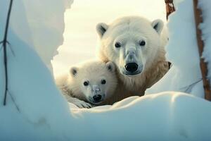 polare orso madre e cucciolo Condividere un' commovente momento nel un' nevoso tana ai generato foto