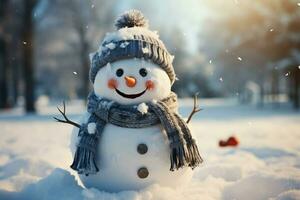 divertente pupazzo di neve con strambo espressione, impostato contro un' nevoso paesaggio ai generato foto