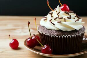 cioccolato Cupcake con un' delizioso rosso ciliegia come suo centrotavola ai generato foto