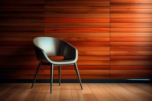 un' moderno sedia posizionato contro un' strutturato di legno parete fondale ai generato foto