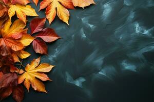 superiore giù Visualizza di autunno le foglie su blu ardesia, offerta copia spazio ai generato foto