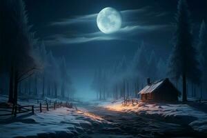 spaventoso inverno notte con chiaro di luna illuminante il chilling congelato boschi ai generato foto