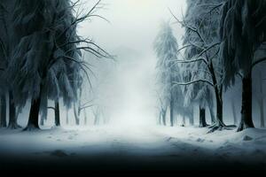 inverni la tranquillità un' nevoso strada in mezzo un antico foreste nero sagome ai generato foto