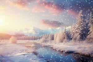 morbido, magico inverno paesaggio con un' toccare di etereo punti salienti ai generato foto