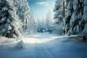 neve coperto alberi definire il pittoresco fascino di un' invernale foresta ai generato foto