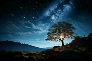 stellato notte, un' solitario albero su un' collina, latteo modo ai generato foto