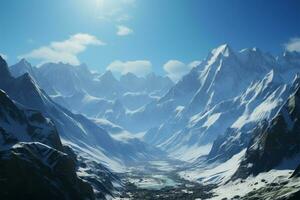 nevoso vertici e scintillante ghiacciai dipingere un' sbalorditivo montagna tableau ai generato foto