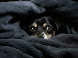 malizioso cane sbirciando su a partire dal un' accogliente coperta forte ai generativo foto